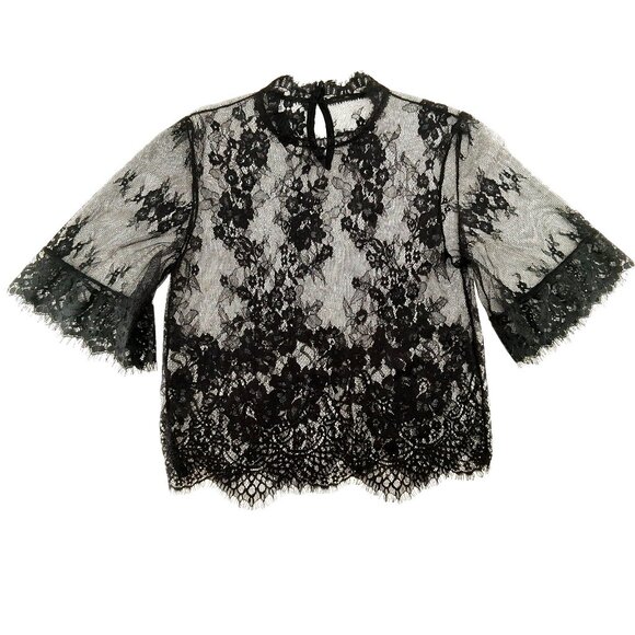 No Label Tops - Black Sheer Floral Lace Top Mock Neck Eyelash Hem Keyhole Back Short Sleeve SZ L